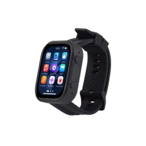Black smartwatch with a square touchscreen and black silicone band, shown at an angle with app icons on the display to suggest a wearable device.