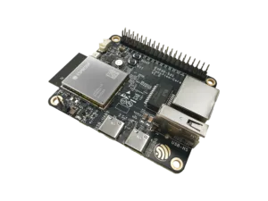 Angled view of a development PCB featuring an ESPRESSIF Wi‑Fi module, USB connectors, and a row of header pins.