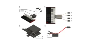 Diagram showing four ways to connect a small keyboard/synth: a) multiple cables from keys to a central module; b) keyboard with a splitter to outputs; c) patch bay with interconnections; d) red output cable leaving a device to an adapter.
