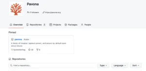 GitHub organization page for Pavona with coral logo, follower count, and link to pavona.org; shows navigation tabs and a pinned repo description of modular open silicon blocks.”] }{