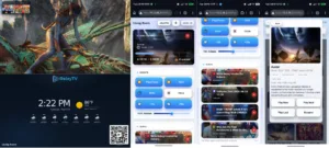 Collage of RelayTV streaming UI: large TV screen with dragon scene and time, plus mobile screens showing Play/Pause, next, and queue controls.