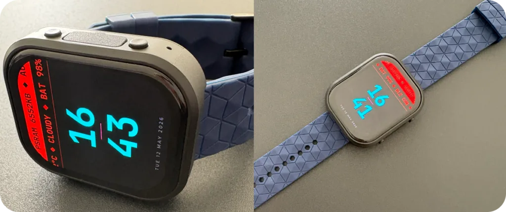 Two smartwatches with blue bands showing the time (16:43 and 16:44) and weather data on their displays.