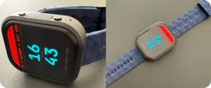 Two smartwatches with blue bands showing the time (16:43 and 16:44) and weather data on their displays.