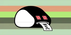 Cartoon black hood with white face, two red X eyes, spitting out a receipt with a skull icon.