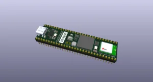 3D rendering of a green microcontroller development board with USB connector, gold pin headers, and a large central chip labeled G2 NANO.