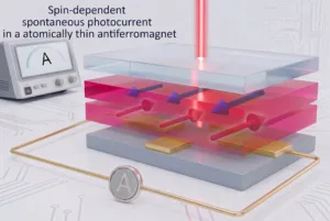 Illustration of a lab setup with a laser beam and layered translucent device, representing spin-dependent photoconductivity in a thin antiferromagnet.