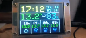 Digital weather clock showing time 12:12, date Thu 14, current temp 13.2°C and 83% humidity with rain icons for upcoming hours.