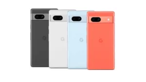 Four Google Pixel phones in dark gray, white, light blue, and coral orange, shown from the back to highlight the camera bar.