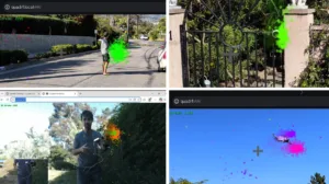 Collage of multiple AR livestream screens showing a person outdoors with bright green color splashes around them and on a gate.