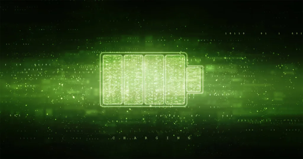 Neon green outline of a multi-cell battery charging on a digital green background with the word 'CHARGING' below.
