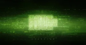 Neon green outline of a multi-cell battery charging on a digital green background with the word 'CHARGING' below.