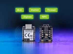 Two Seeed Studio wireless boards with glowing green labels for BLE, Matter, Thread, Zigbee, and NFC.