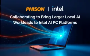 PHISON | Intel banner with the slogan 'Collaborating to Bring Larger Local AI Workloads to Intel AI PC Platforms' over a glowing laptop on a dark blue background.