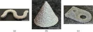 Three textured specimens labeled (a)–(c): (a) a curved, worm‑like object with a rough bumpy surface; (b) a conical, textured mound; (c) a flat rectangular piece with a central hole and a rough surface.