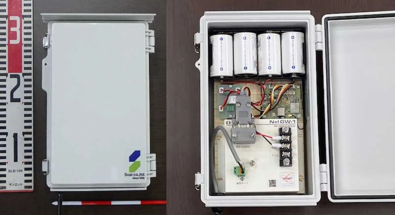 Two gray enclosures: left closed with Solco logo, right open showing battery modules on top and an electronic control board with wiring inside