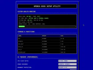 Blue OPEN6 BIOS Setup Utility screen showing System Health Monitor with CPU 80 MHz, temp 54°C, RAM 105 KB, and a storage/partitions table plus AT Tweaker (Performance) options for CPU clock and power settings.