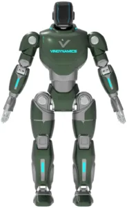 Green and silver humanoid robot with blue accents and Vindynamics logo on the chest area.