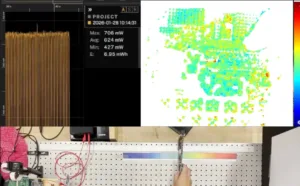 Lab bench test setup: left oscilloscope waveform, center power readouts, right color-thermal map; a hand holds a probe over a pegboard with wires.