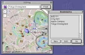 Retro map UI focused on Tokyo Disneyland with a separate Bookmarks dialog listing Taipei 101, City Hall, Apple Campus, and Tokyo Disneyland.