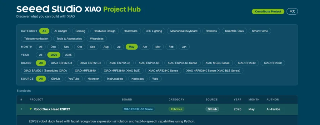 Seeed Studio XIAO Project Hub with category/month/year filters and a table listing RobotDuck Head ESP32 project.