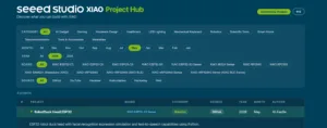 Seeed Studio XIAO Project Hub with category/month/year filters and a table listing RobotDuck Head ESP32 project.