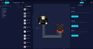 Digital circuit design editor: center canvas shows an octagonal PCB with multicolor wires to a red breakout board, flanked by a left file explorer and right examples panel.