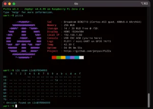 Terminal window displaying PiZzA on Raspberry Pi Zero 2 W with hardware/status info (IP 192.168.1.82, temp 42.39 C, uptime 0d 0h 8m 55s) and an i2c scan result.