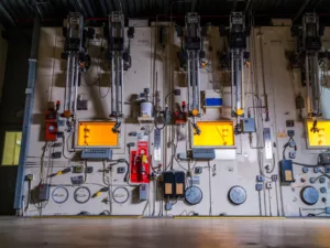 Industrial control wall with multiple vertical components, gauges, and wiring, flanked by yellow-lit viewing windows and a red fire extinguisher labeled on the wall.