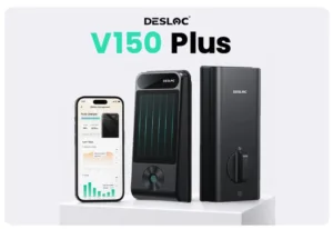 DESLOC V150 Plus trio: a smartphone showing battery data, a compact solar charger, and a sleek portable power unit on a white pedestal.