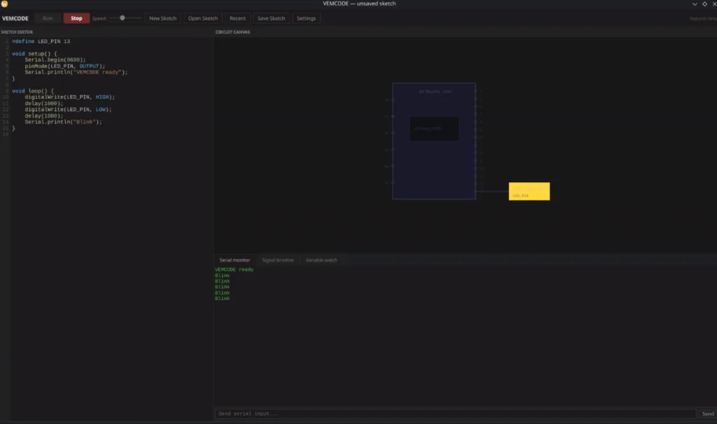 Screenshot of VEMCODE editor: Arduino Uno sketch on left, circuit canvas in the middle with a LED connected to LED_PIN and a yellow LED on the right, ready to run.