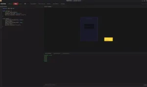 Screenshot of VEMCODE editor: Arduino Uno sketch on left, circuit canvas in the middle with a LED connected to LED_PIN and a yellow LED on the right, ready to run.