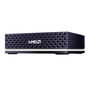 Compact AMD-branded black box with a purple geometric facade on a slim base.