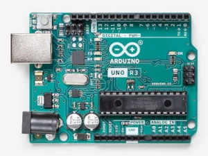 Arduino Uno R3 board with USB connector, microcontroller, and labeled analog pins.
