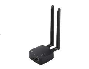 Compact black Wi‑Fi router with two external antennas and labeled G4 on the top surface.