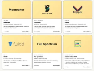 Grid of six cards showcasing open-source 3D printing slicer projects with logos and brief descriptions on a pale yellow background.