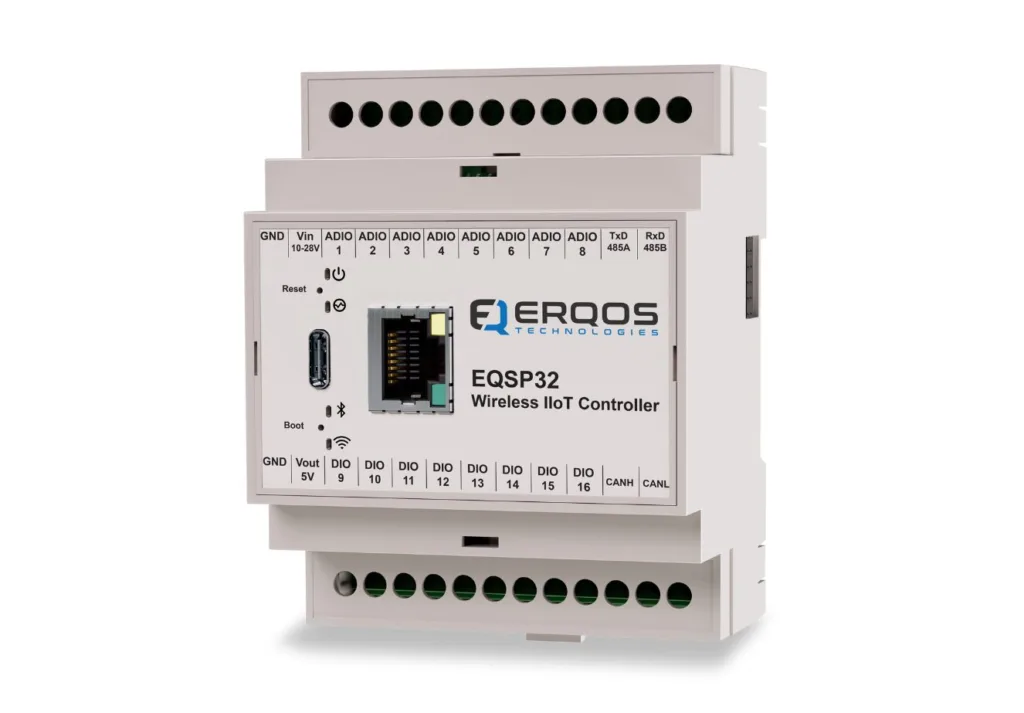 EQSP32 Wireless IIoT Controller by EROOS Technologies with terminal blocks and labeled I/O ports on the front panel, shown on a DIN rail enclosure
