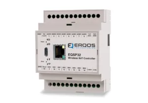EQSP32 Wireless IIoT Controller by EROOS Technologies with terminal blocks and labeled I/O ports on the front panel, shown on a DIN rail enclosure