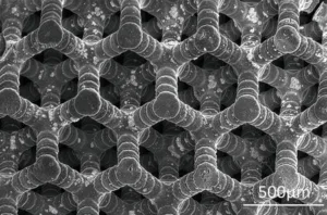 Close-up of a carbon nanotube network with interconnected hollow tubes; scale bar shows 500 nm.