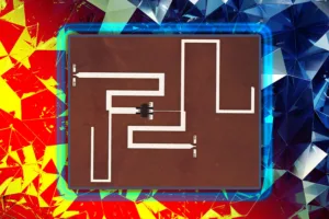 Brown square board featuring a maze-like white path with a small central connector or switch on a dark background framed by colorful geometric backdrop.