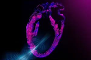 Abstract neon-pink heart-shaped ring with blue light streaks against a dark background (digital art).