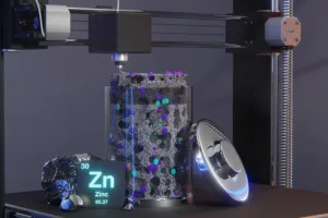 3D printer gantry above a perforated cylinder; in front, a neon Zn tile reading Zinc 65.37.