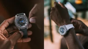 Skeleton-style watch with blue accents on a dark strap, shown being worn and adjusted on a man's wrist (split-screen presentation).