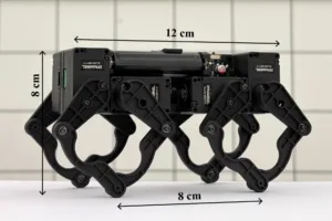 Quadruped robot with four jointed legs; overall length 12 cm, width 8 cm, height 8 cm.