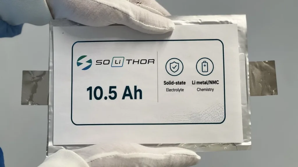 Solithor 10.5 Ah solid-state lithium battery pouch label showing electrolyte and Li metal/NMC chemistry icons.
