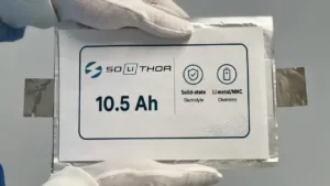 Solithor 10.5 Ah solid-state lithium battery pouch label showing electrolyte and Li metal/NMC chemistry icons.