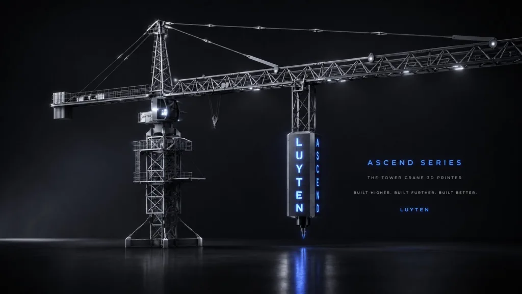 Industrial tower crane with a dark backdrop and blue illuminated vertical sign reading LUYTEN; promotional text on the right reads ASCEND SERIES, The Tower Crane 3D Printer, Built Higher. Built Further. Built Better.