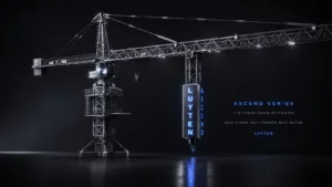 Industrial tower crane with a dark backdrop and blue illuminated vertical sign reading LUYTEN; promotional text on the right reads ASCEND SERIES, The Tower Crane 3D Printer, Built Higher. Built Further. Built Better.