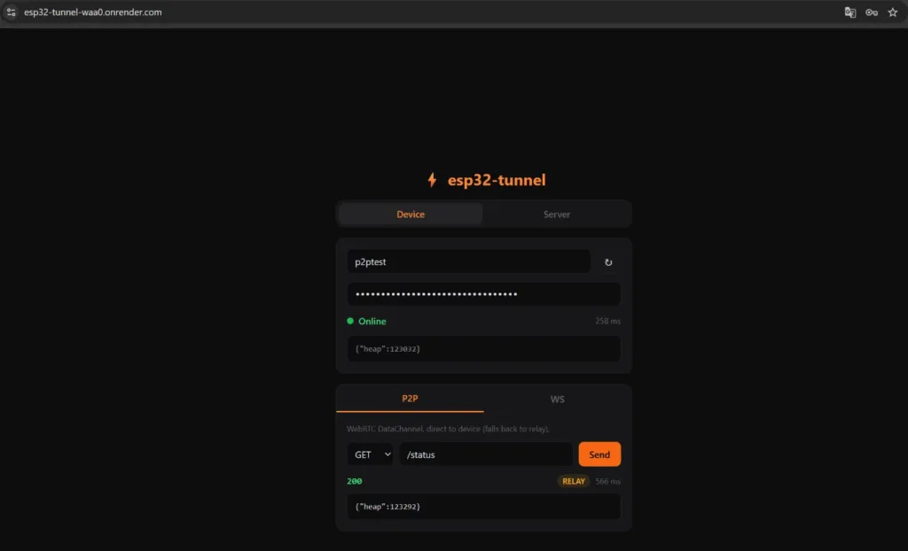 Dark web UI for esp32-tunnel with Device tab selected, showing user field 'p2ptest', masked password, Online status, and a P2P/WS panel with GET /status and a Send button.