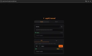 Dark web UI for esp32-tunnel with Device tab selected, showing user field 'p2ptest', masked password, Online status, and a P2P/WS panel with GET /status and a Send button.