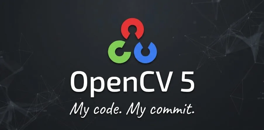 OpenCV 5 logo with the slogan “My code. My commit.” on a dark geometric background.